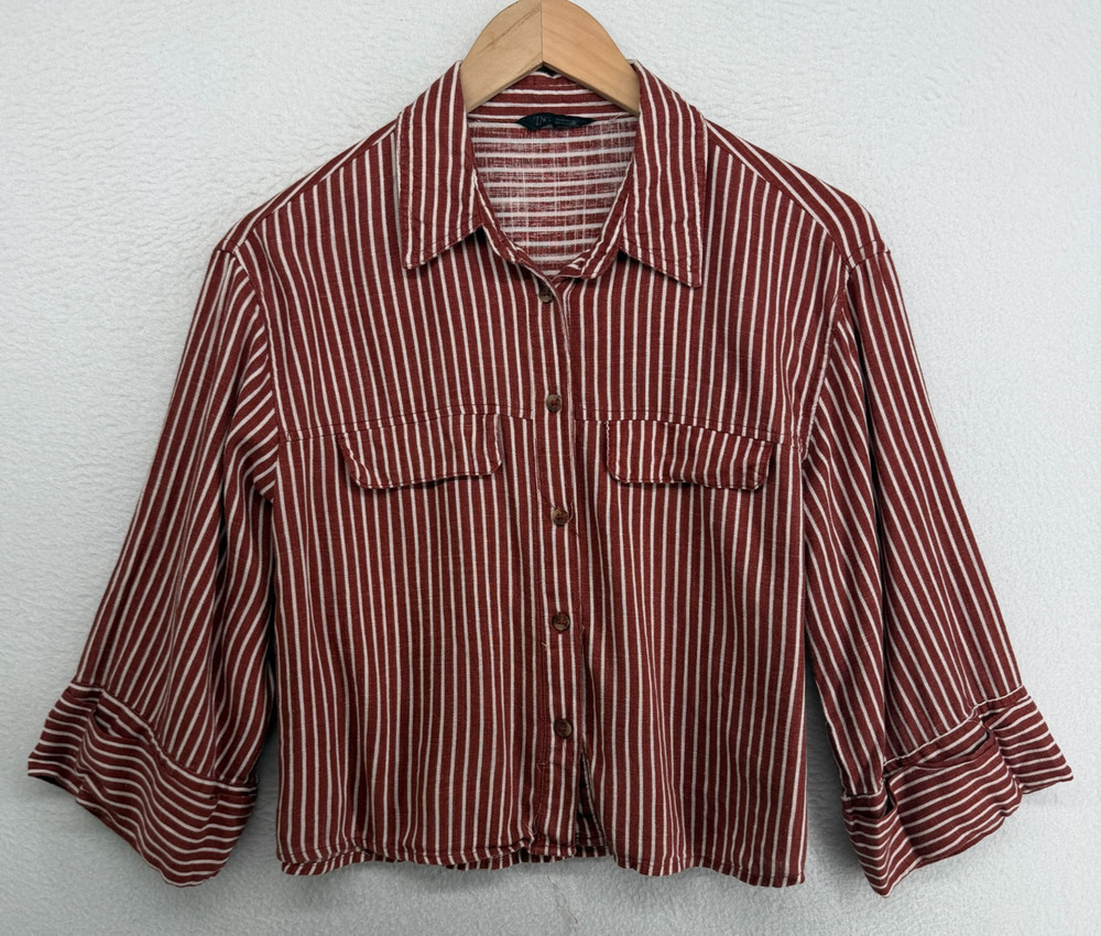 ZARA Top Womens M Linen Blend Crop Shirt Striped Button Up 3/4 Sleeve Red Brown